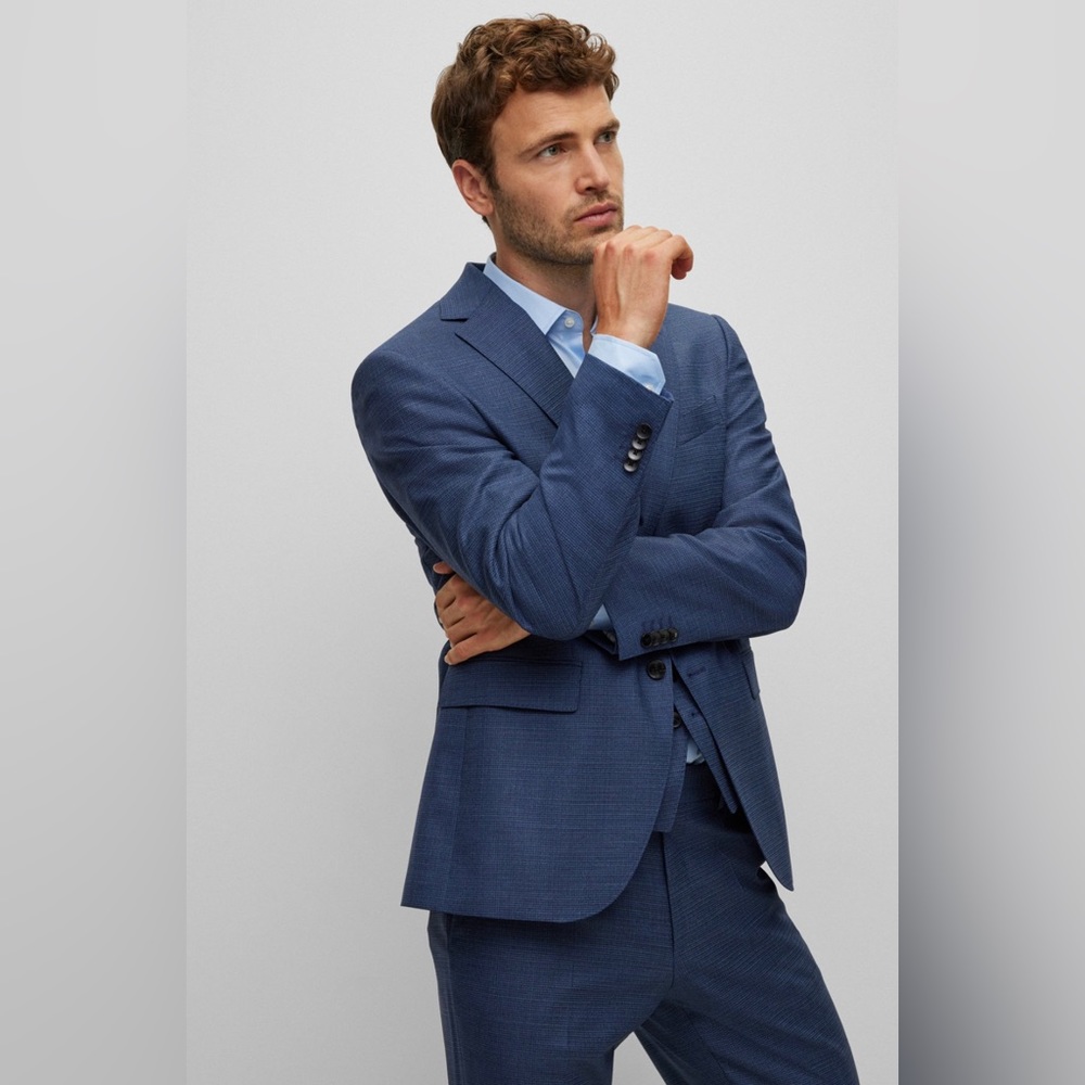 Hugo Boss Men’s US 40 regular fit suit jacket in checked Stretch Fabric Blue